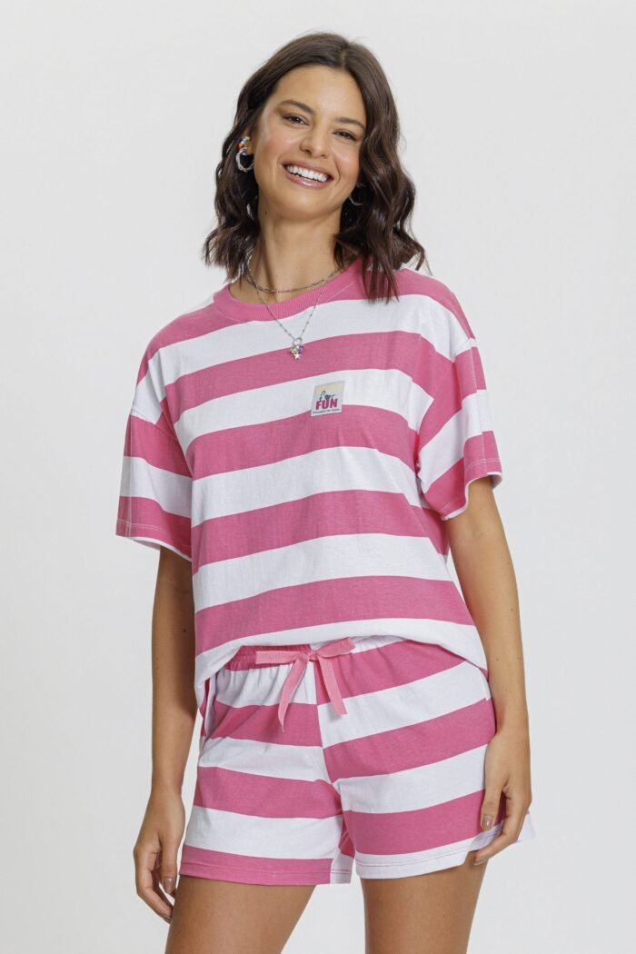 Pijama listrado Rosa e Branco