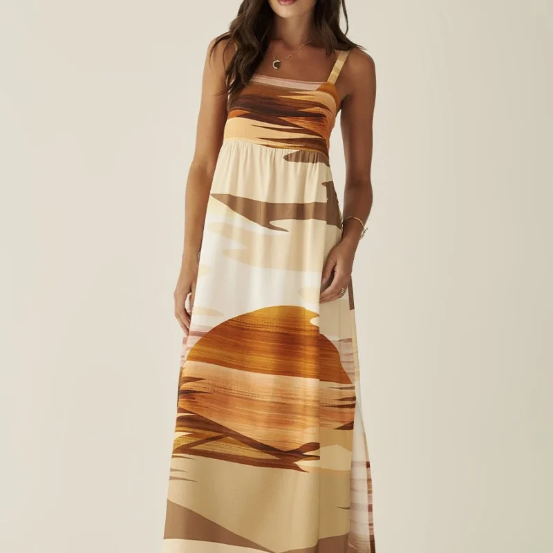 Vestido Longo com Alças Reguláveis Estampa Duna